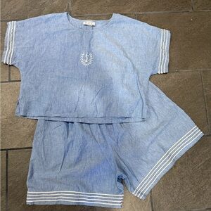 Vintage Light Blue Two-Piece Chambray Set with White Trim